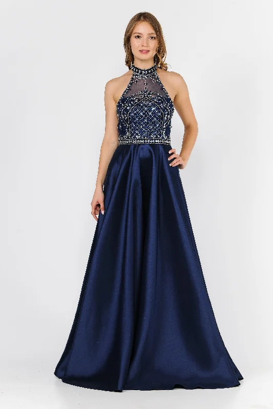 Long High-Neck Illusion Dress with Beaded Bodice by Poly USA 8344