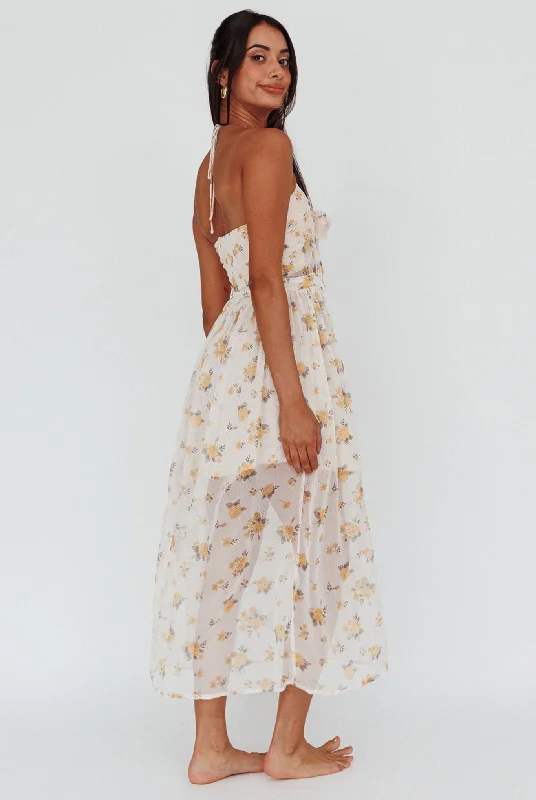 Los Feliz Tied Bust Halterneck Midi Dress Sheer Floral Yellow