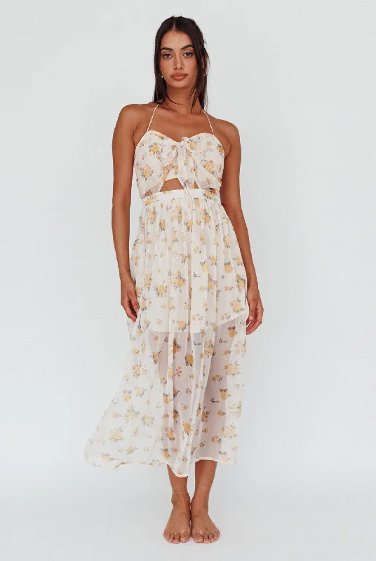 Los Feliz Tied Bust Halterneck Midi Dress Sheer Floral Yellow