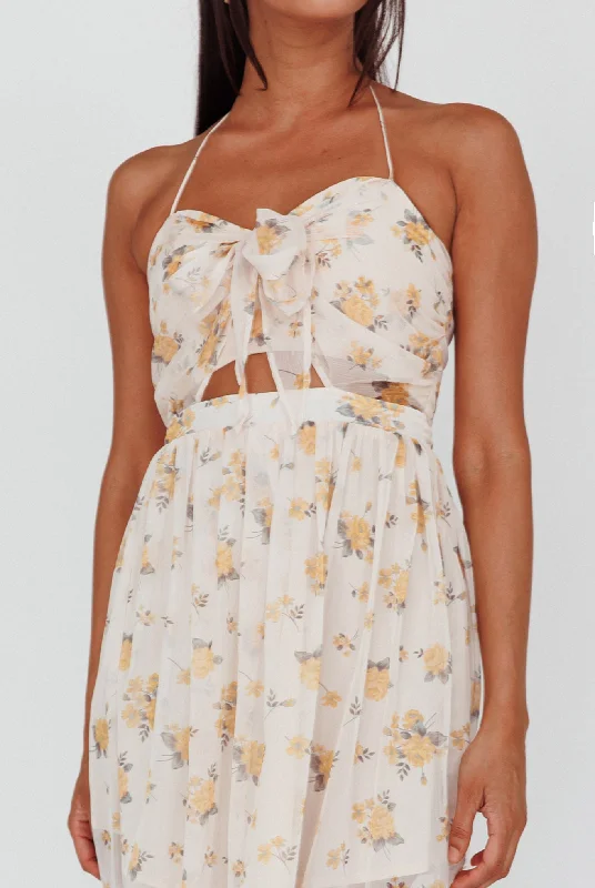 Los Feliz Tied Bust Halterneck Midi Dress Sheer Floral Yellow