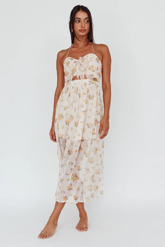 Los Feliz Tied Bust Halterneck Midi Dress Sheer Floral Yellow