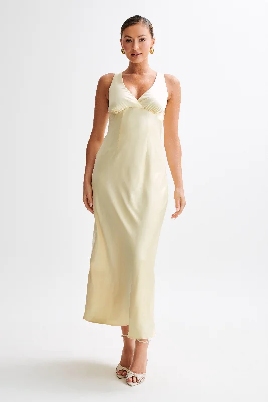 Meghan Short Sleeve Satin Maxi Dress - Lemon Sorbet