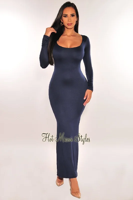 Navy Round Neck Long Sleeve Maxi Dress