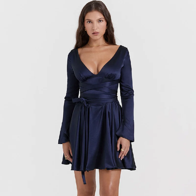 Opulent Monochrome Plunge Neck Wrap Around Bow Tie Long Sleeve Mini Satin Dress