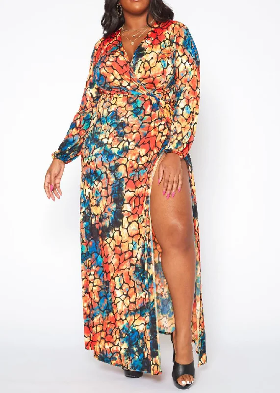 Hi Curvy Plus Size Women Rocky Print Wrap Maxi Dress