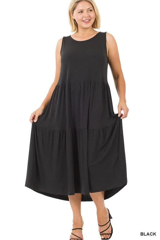 HI Curvy Plus Size Women Sleeveless Tiered Midi Dress