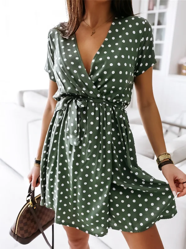 Polka Dot Short Sleeve V Neck Mini Dress