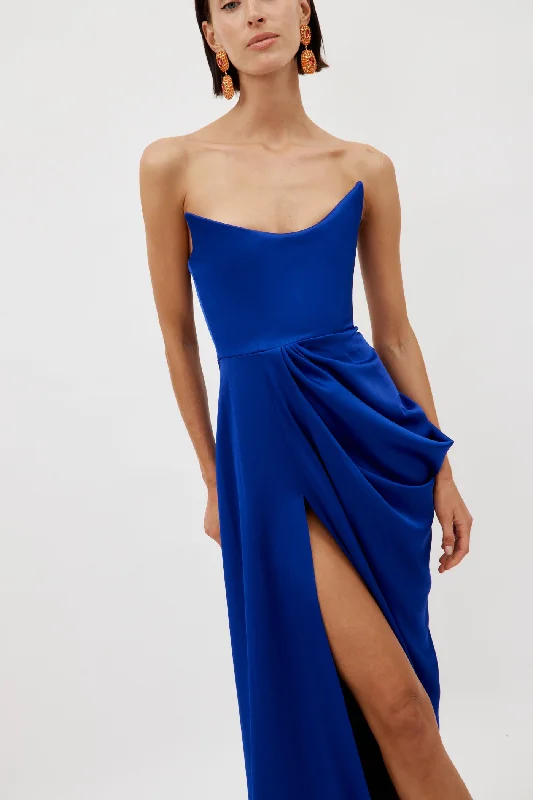 Satin Crepe Curved Strapless Drape Ultramarine Gown