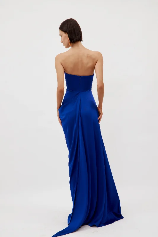 Satin Crepe Curved Strapless Drape Ultramarine Gown