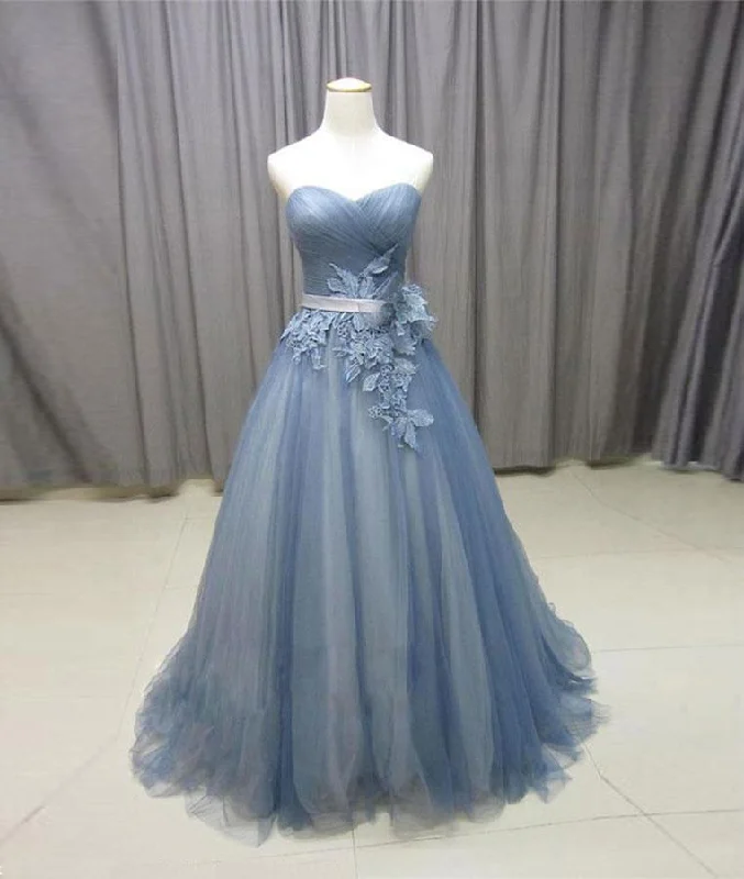 Simple gray blue tulle lace applique long prom dress, tulle evening dress M4853