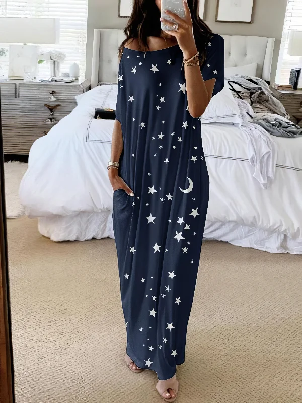 Star And Moon Print Short Sleeve Maxi Dress