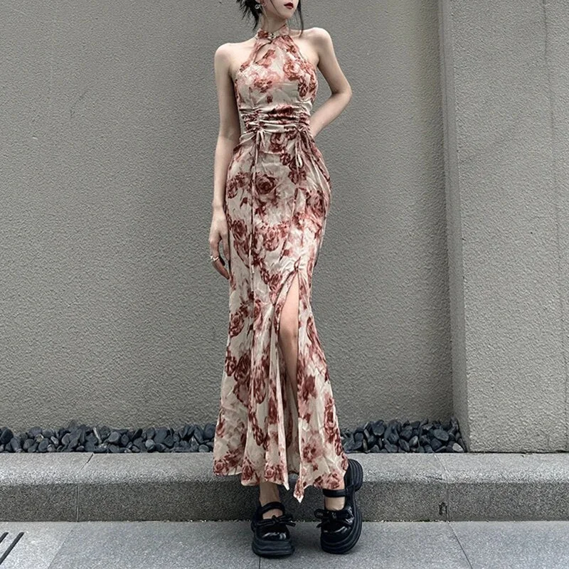 Vintage Floral Cheongsam Aesthetic Party Split Maxi Dresses