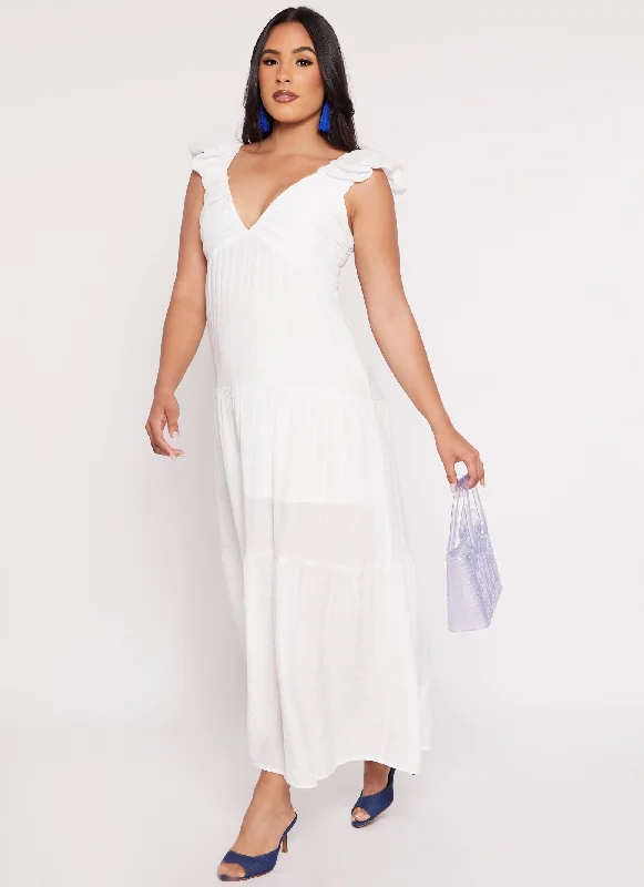 Ruched V Neck Tiered Maxi Dress