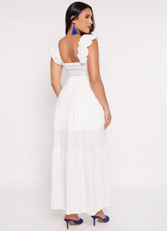 Ruched V Neck Tiered Maxi Dress