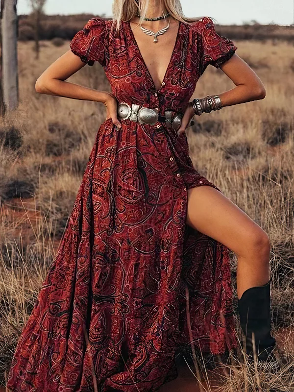 Printed V-Neck Short Sleeve Bohemian Dress