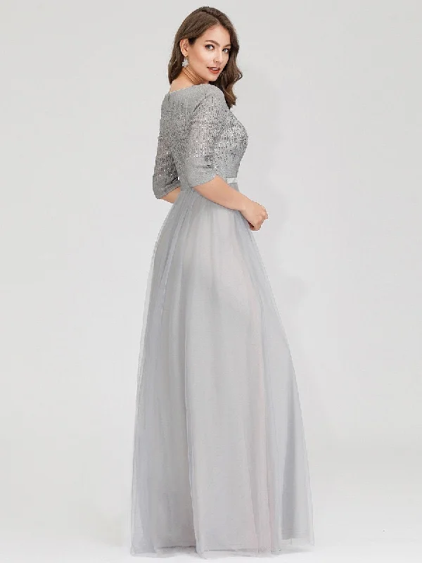 Women's V-Neck Floor Length Wholesale Evening Dress with Sleeve