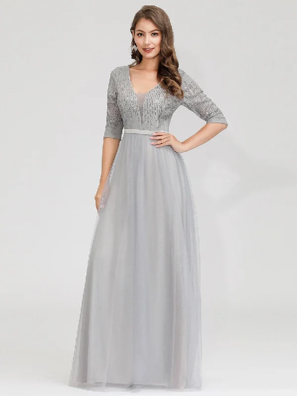 Women's V-Neck Floor Length Wholesale Evening Dress with Sleeve