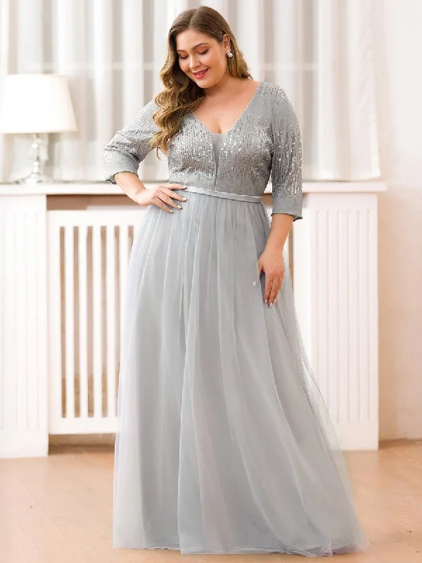 Women's V-Neck Floor Length Wholesale Evening Dress with Sleeve