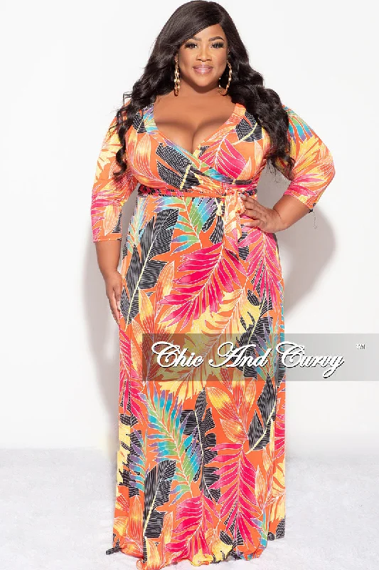 Final Sale Plus Size Deep V-Neck Faux Wrap Dress with 3/4 Sleeves in Orange Multi Leaf Print