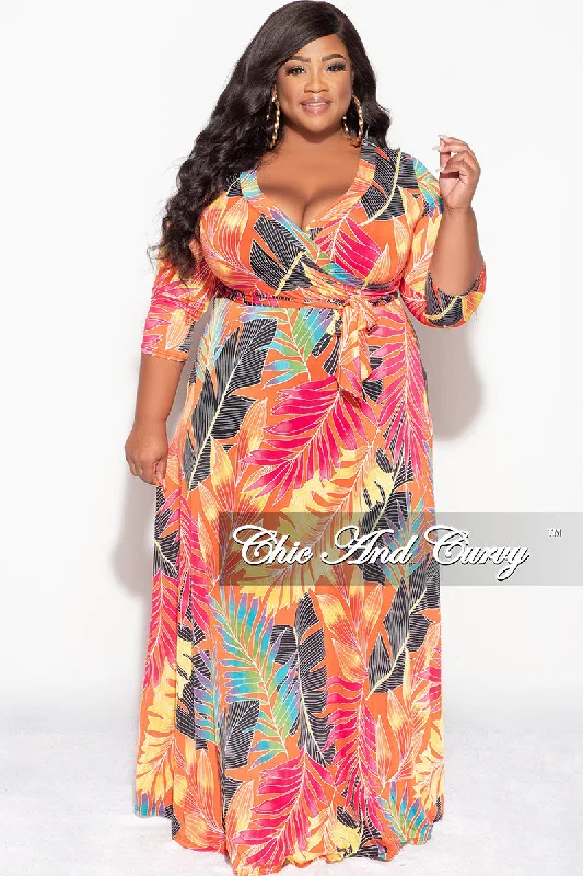 Final Sale Plus Size Deep V-Neck Faux Wrap Dress with 3/4 Sleeves in Orange Multi Leaf Print