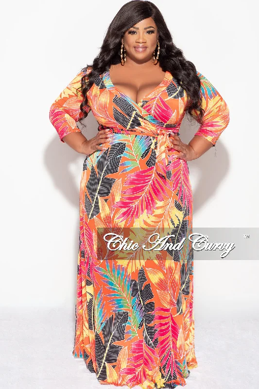 Final Sale Plus Size Deep V-Neck Faux Wrap Dress with 3/4 Sleeves in Orange Multi Leaf Print