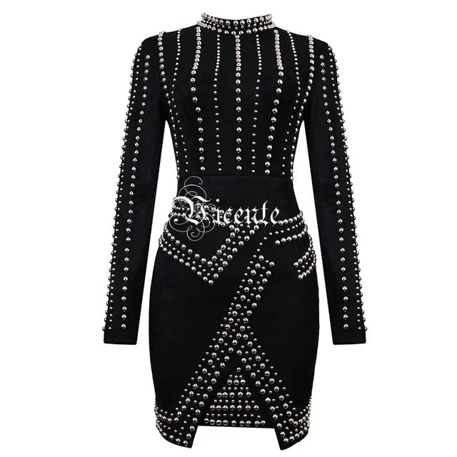 2018 New Free Shipping! Fashion Elegant Rivet Embellished Long Sleeves Mini Wholesale Women Celebrity Evening Party Suede Dress