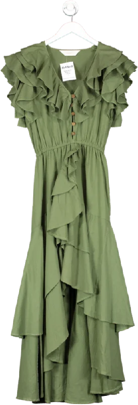 Amazula Green Organic Cotton Ruffle Maxi Dress UK S/M