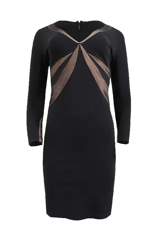 Long Sleeve Black V-neck Dress With Mesh