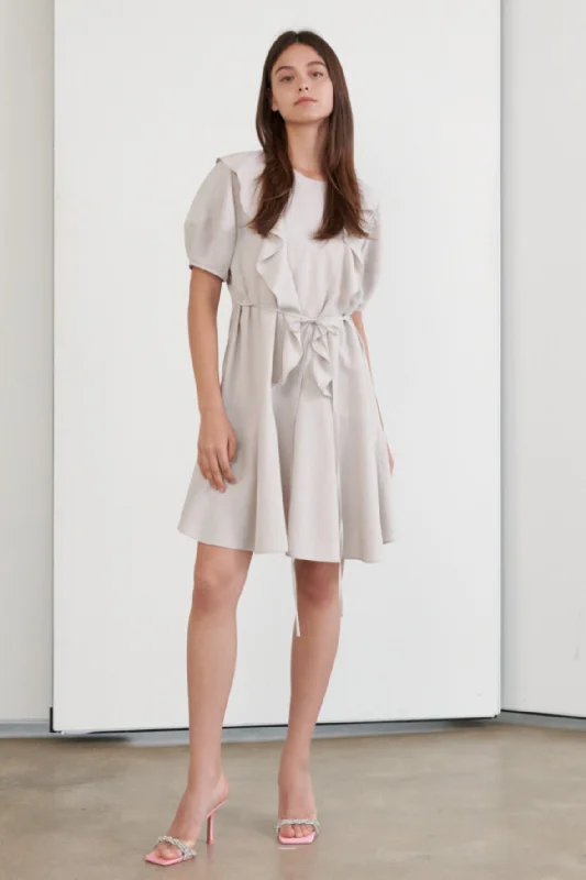 Linen Volume Sleeve Ruffle Dress In Light Grey