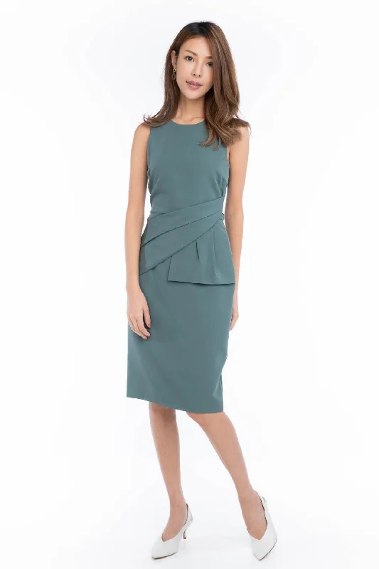 Sash Asymmetric Peplum Pencil Dress Dark Green