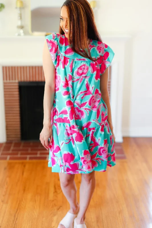 Aqua & Fuchsia Floral Tiered Ruffle Sleeve Dress