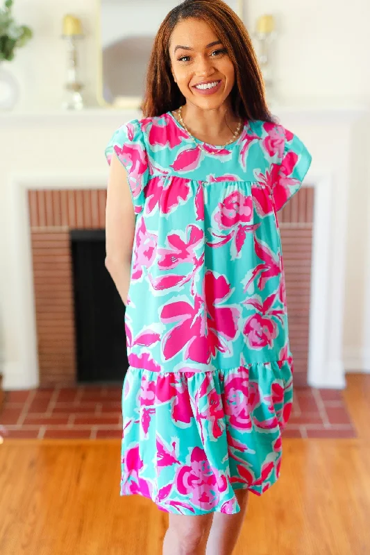 Aqua & Fuchsia Floral Tiered Ruffle Sleeve Dress