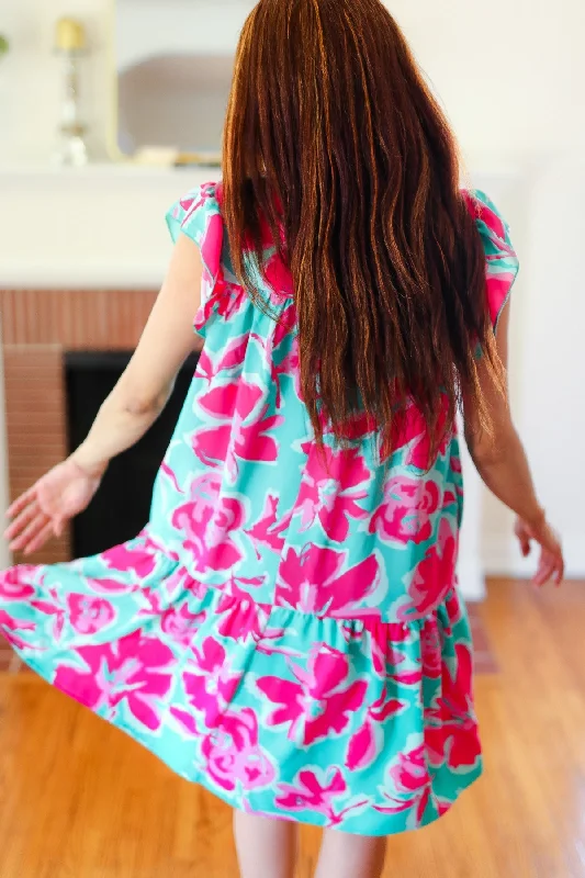 Aqua & Fuchsia Floral Tiered Ruffle Sleeve Dress