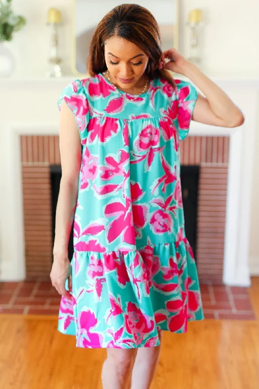 Aqua & Fuchsia Floral Tiered Ruffle Sleeve Dress