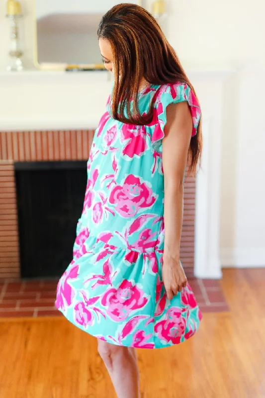 Aqua & Fuchsia Floral Tiered Ruffle Sleeve Dress