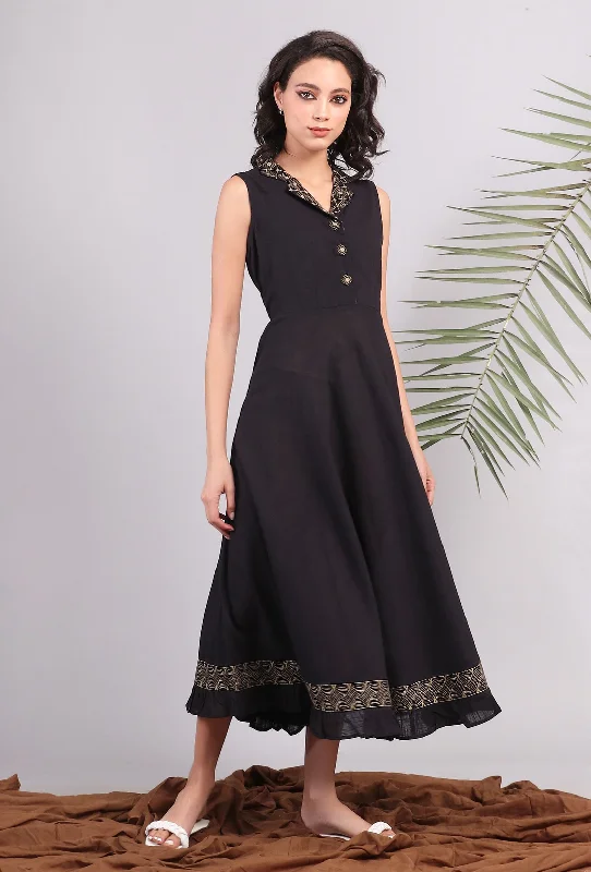 Black Midi Shirt Dress with Kantha Embroidery