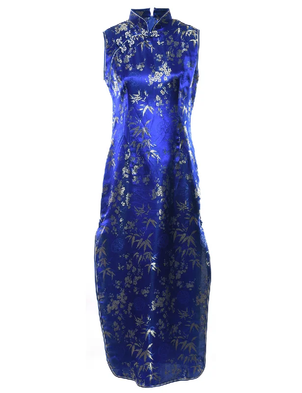 Blue Floral Pattern Jacquard Cheongsam Collar Evening Dress - M