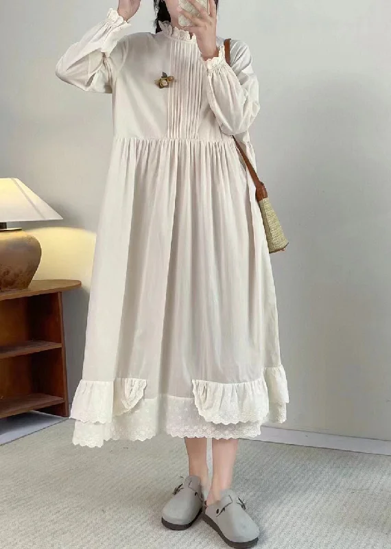 Chic Apricot Stand Collar Ruffled Patchwork Wrinkled Long Dress Long Sleeve BV050