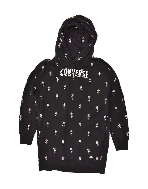 CONVERSE Womens Oversized Graphic Hoodie Dress UK 14 Medium Black Floral