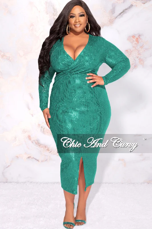 Available Online Only - Final Sale Plus Size Faux Sequin Faux Wrap Bodycon  Dress with Front Slit in Green