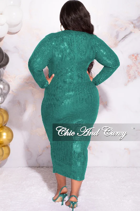 Available Online Only - Final Sale Plus Size Faux Sequin Faux Wrap Bodycon  Dress with Front Slit in Green