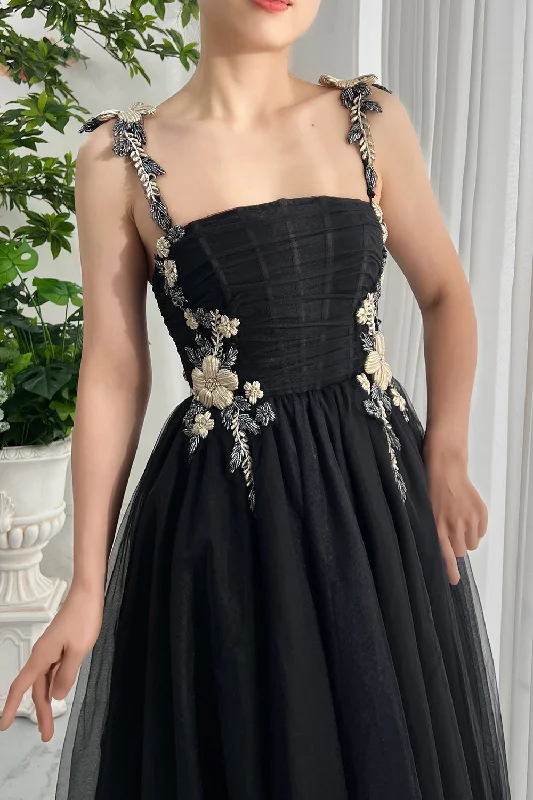 Corset Straps Black Tulle Midi Dress