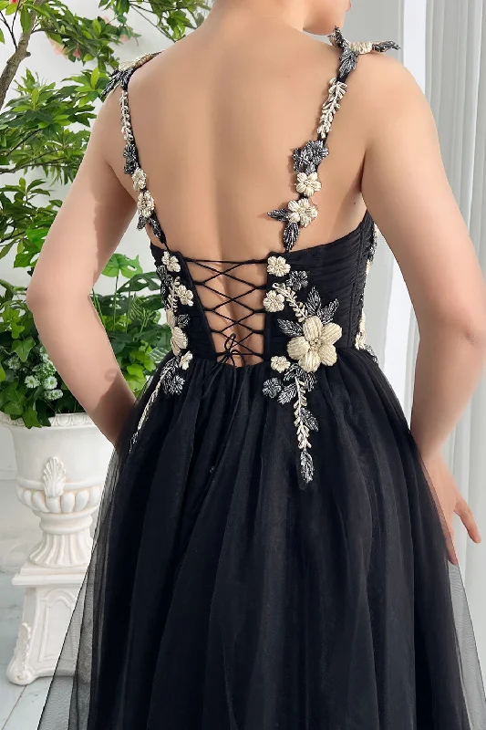 Corset Straps Black Tulle Midi Dress