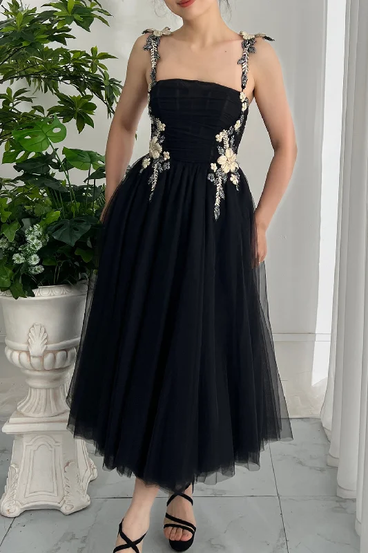 Corset Straps Black Tulle Midi Dress