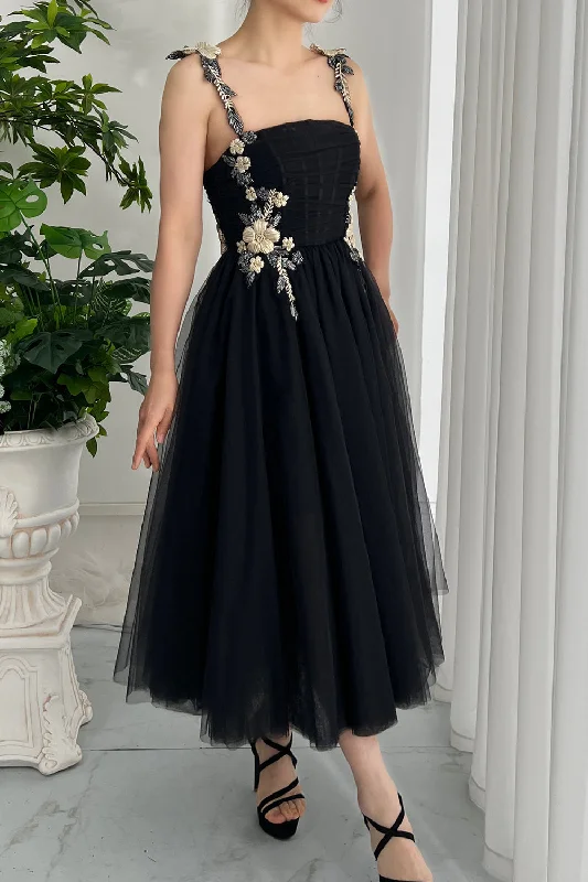 Corset Straps Black Tulle Midi Dress