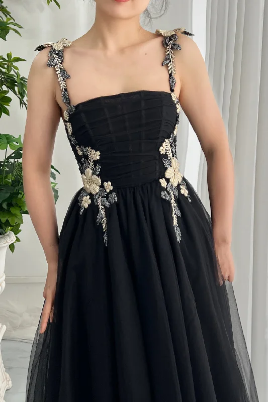 Corset Straps Black Tulle Midi Dress