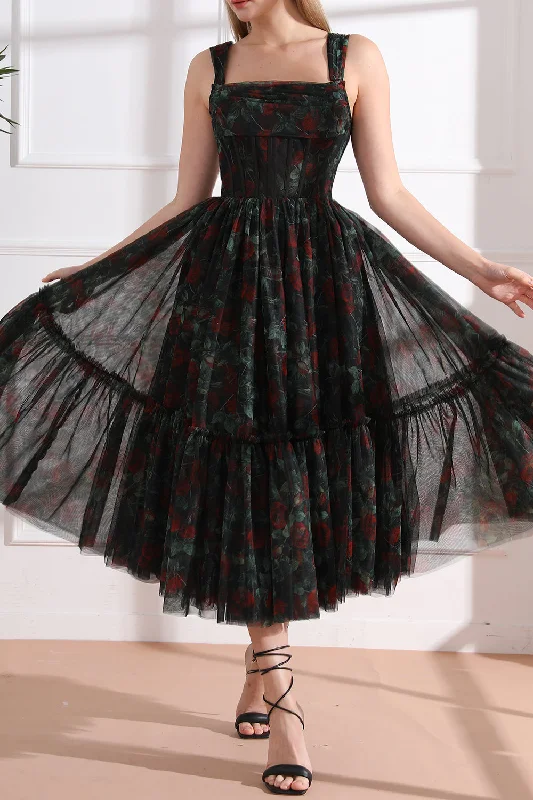 Corset Tulle Black Rose Floral Print Dress with Removable Straps