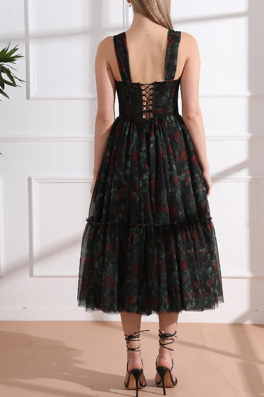 Corset Tulle Black Rose Floral Print Dress with Removable Straps