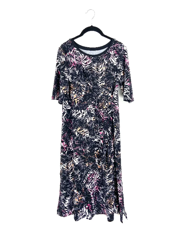 Leaf Printed Midi Dress With Tie - Small/Medium