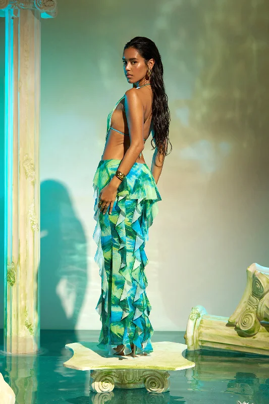 DEEP V RUFFLE MAXI DRESS IN PACIFIC PRINT